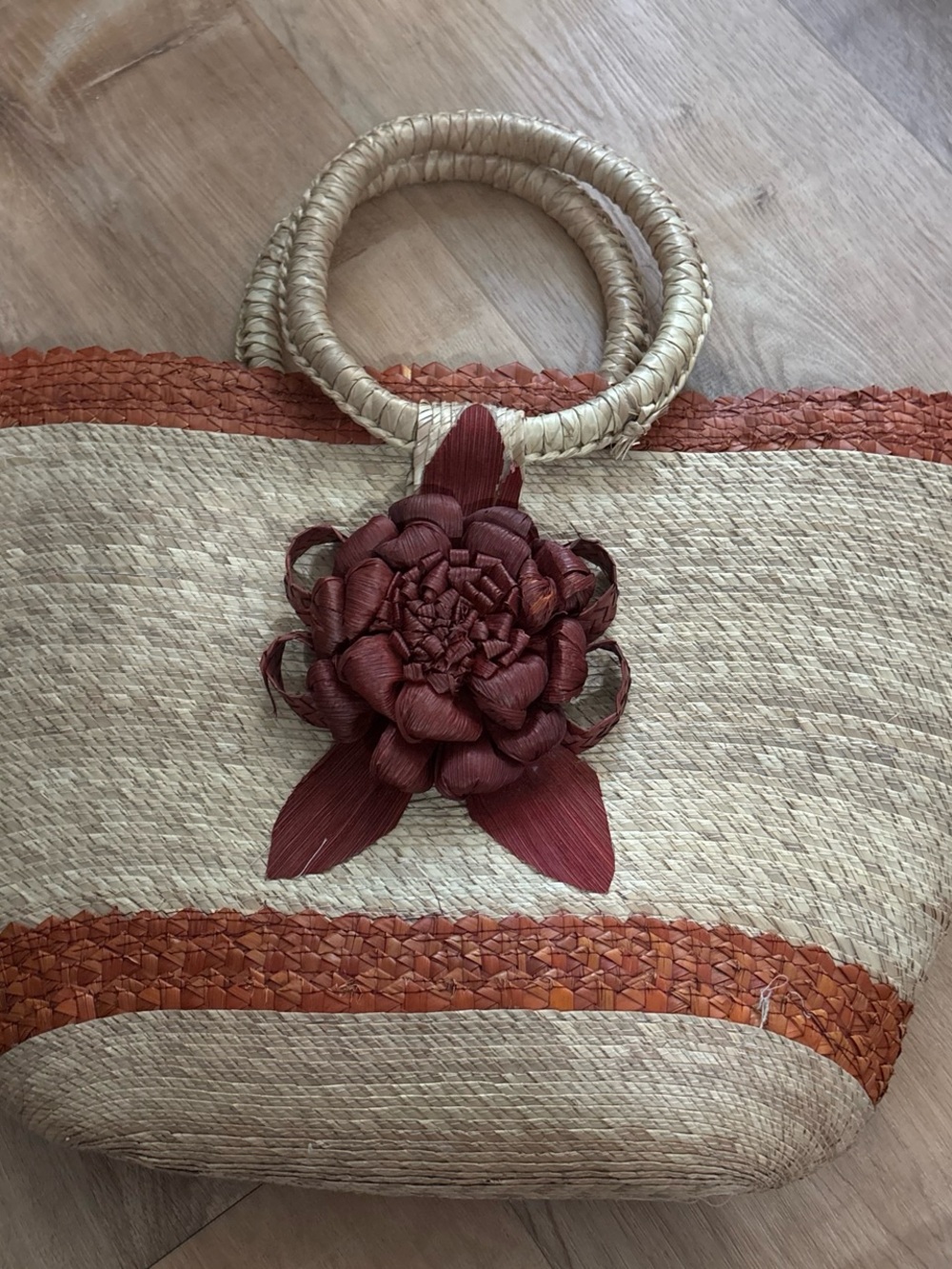 Straw Tote Bag with Red Floral Accent